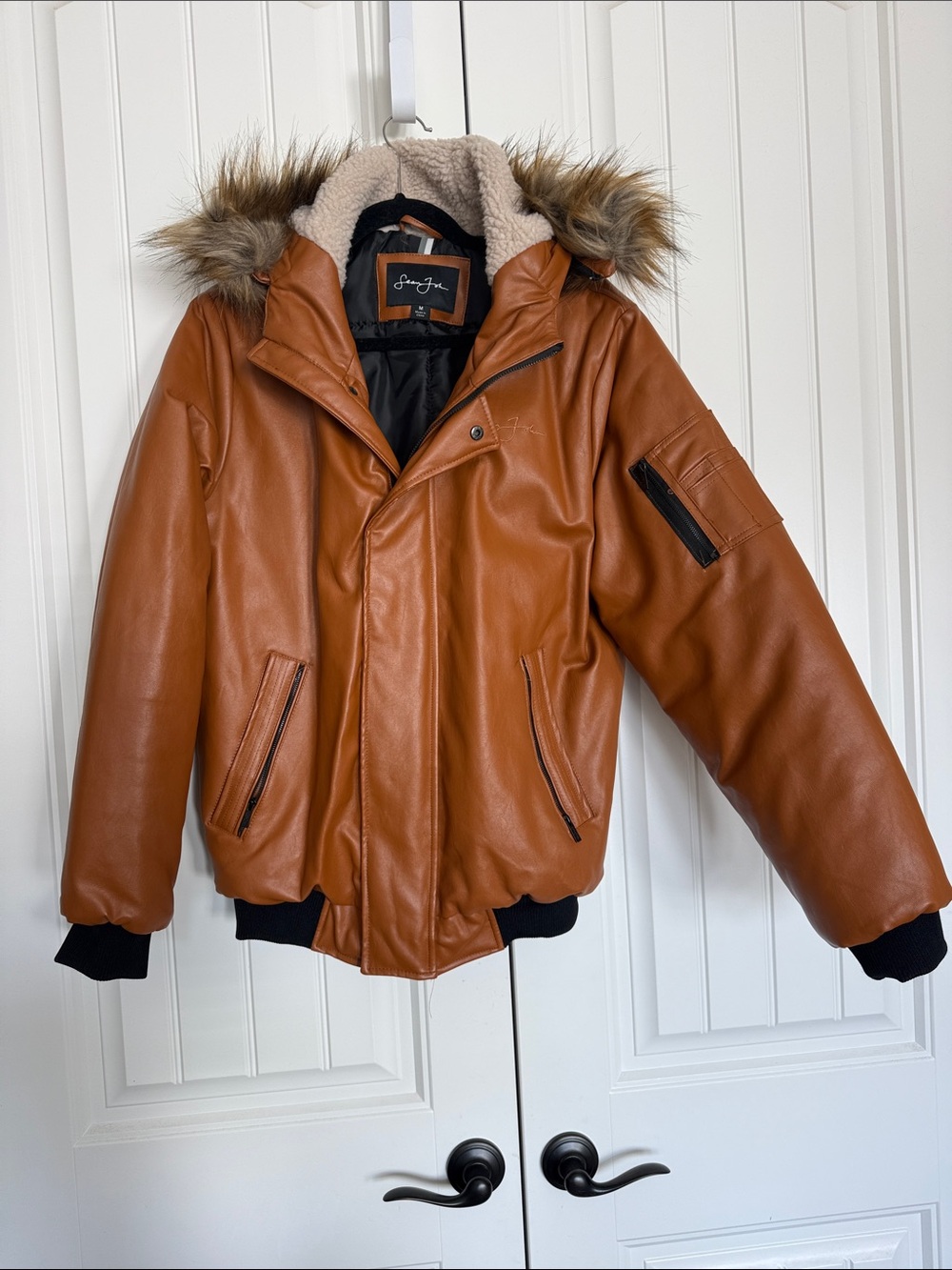 Sean John Brown Faux Leather Bomber Jacket with Fur Trim REMOVABLE Hood